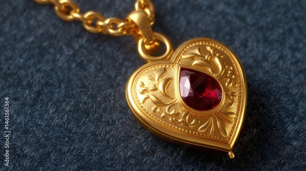A golden heart-shaped pendant with intricate designs and a red gemstone, resting on a textured surface.