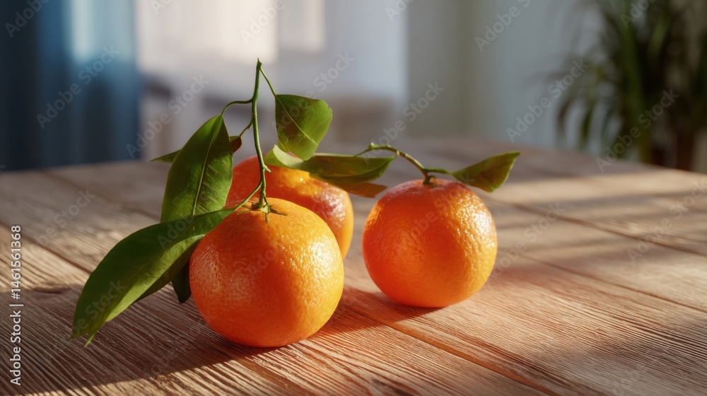 Four fresh oranges with green leaves are placed on a wooden table, illuminated by soft natural light in a cozy setting.