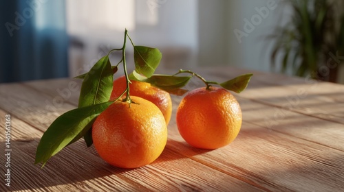 Obraz na płótnie Four fresh oranges with green leaves are placed on a wooden table, illuminated by soft natural light in a cozy setting. w salonie