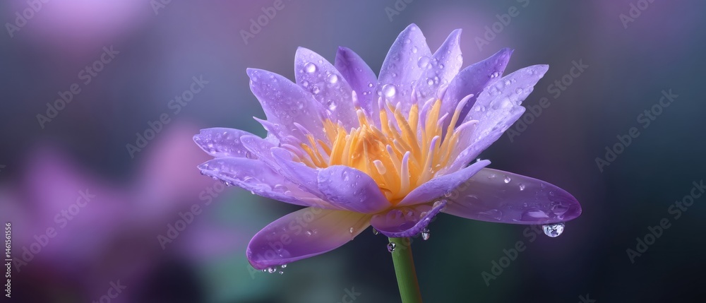 A stunning purple water lily adorned with droplets, set against a soft blurred background, conveying tranquility and beauty.