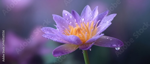 Obraz na płótnie A stunning purple water lily adorned with droplets, set against a soft blurred background, conveying tranquility and beauty. w salonie