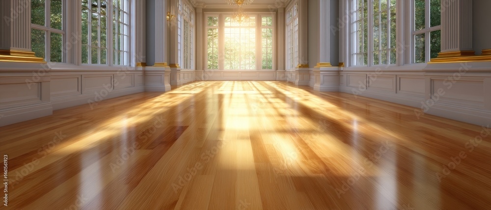 Spacious, sunlit room with polished wooden floor and large windows showcasing natural light and greenery outside.