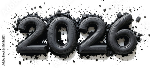 Conceptual image featuring '2026' shaped as tire-textured numbers surrounded by a rugged black background, symbolizing innovation, automotive themes, and industrial design for corporate