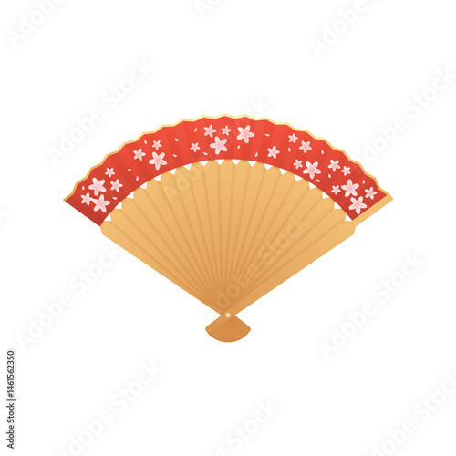 Vintage Japanese and Chinese folding hand fan decorated Sakura flowers, open bamboo and red paper accessory vector icon