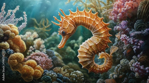 Submarine seahorse amongst vibrant coral reef.