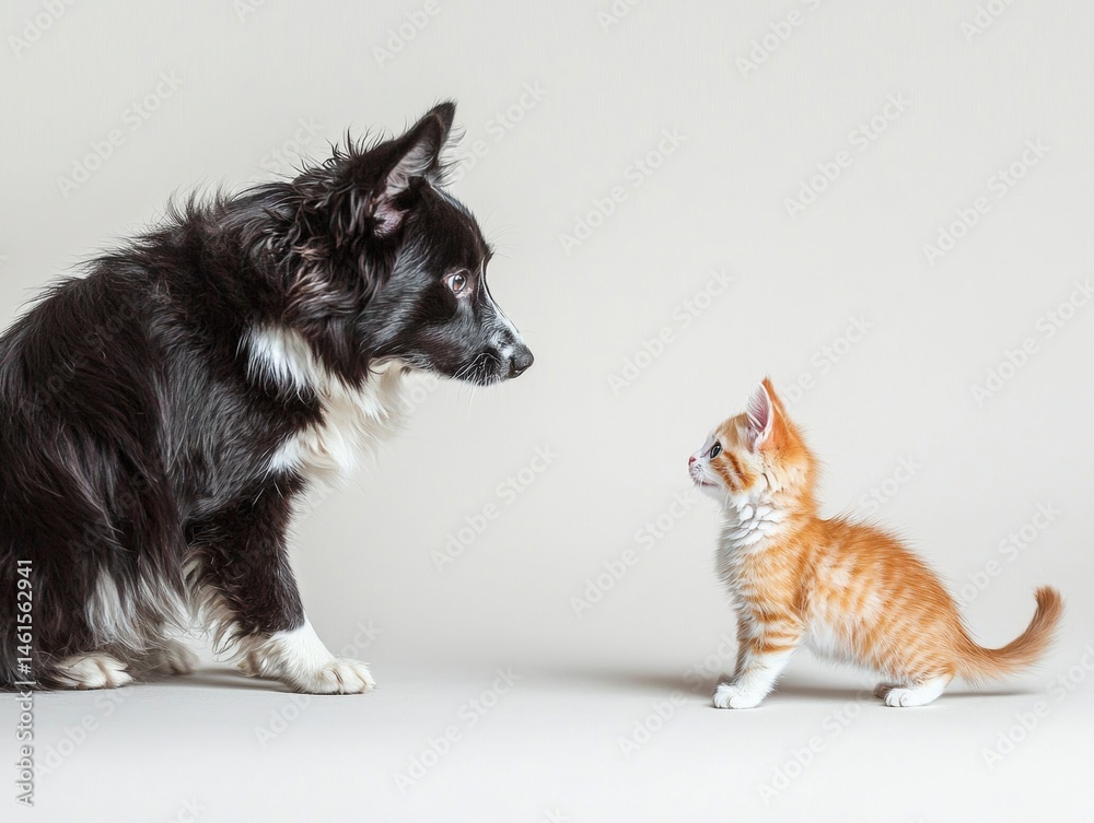 A black and white dog intently gazes at a small orange kitten standing alertly on a plain background creating a curious interaction scene.
