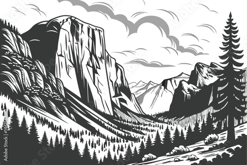 102 Black and white landscape photography, Yosemite National Park, El Capitan, Half Dome, dramatic clouds, majestic mountains, towering cliffs, dense pine forest, rugged terrain, scenic vista, high co