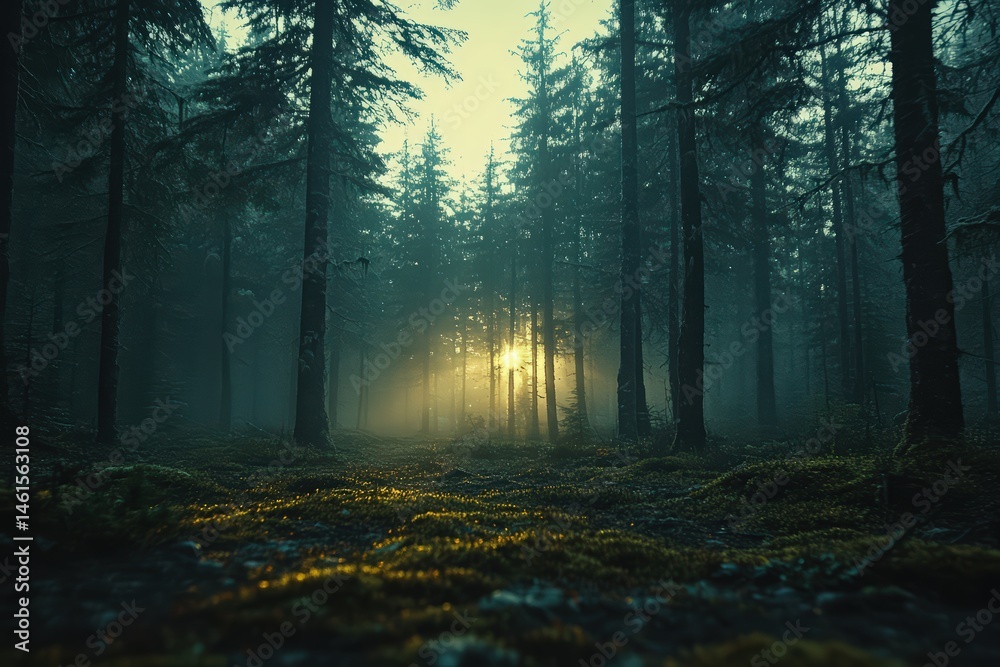 Obraz premium Misty forest at dawn, towering pines rise through golden fog, moss carpets ground, spider webs glisten with droplets, brook babbles softly in untouched peace.