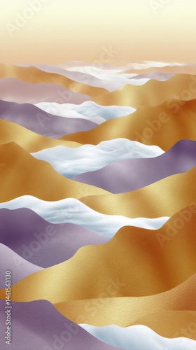 Abstract waves in shades of gold, purple, and white create a fluid, dynamic landscape with a serene, artistic feel.