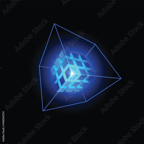Energy cube blocks vector design, shiny blue neon cubic from square grid and lines, digital cyber matrix box, network