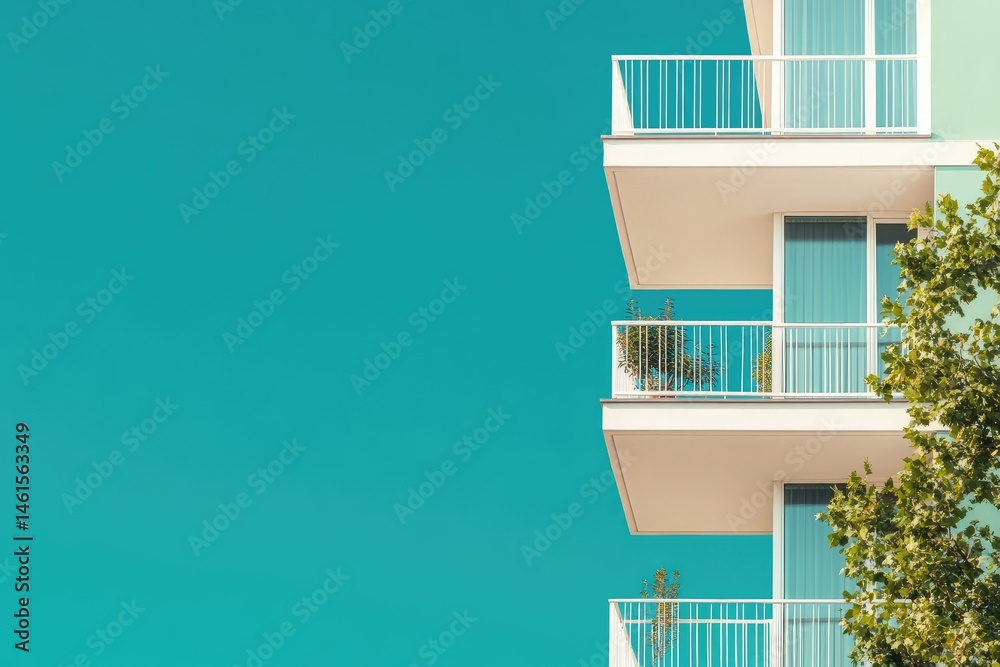Fototapeta premium Building Facade with Balcony and Blue Sky