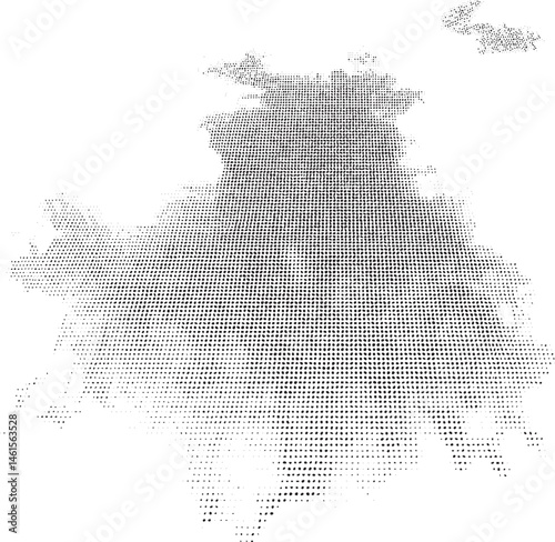 A dense textured sphere dominates the  composed of numerous small dots.