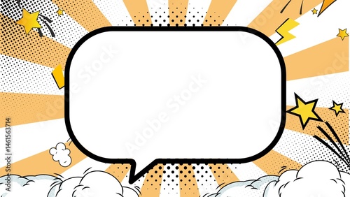A vibrant, cartoonish pop art background with radiating sunburst lines and halftone dots provides a dynamic backdrop for a large empty speech bubble.
