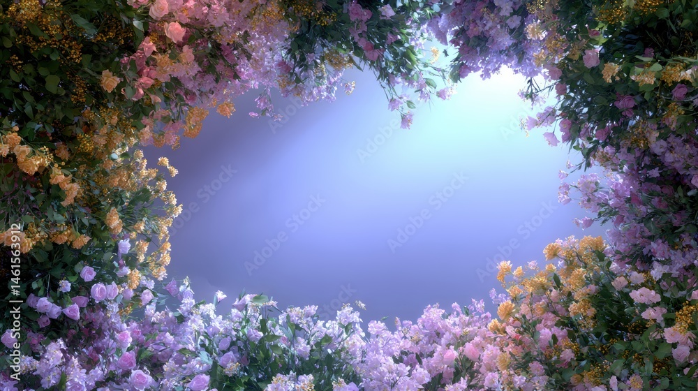 A vibrant floral frame surrounds a serene blue backdrop, creating a tranquil and inviting atmosphere.