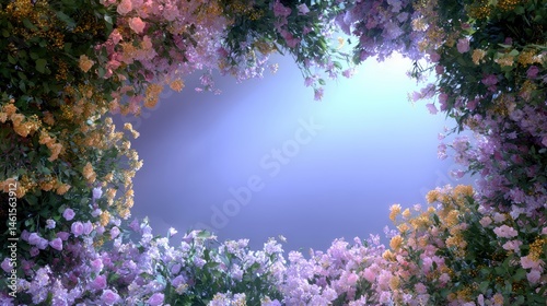 Obraz na płótnie A vibrant floral frame surrounds a serene blue backdrop, creating a tranquil and inviting atmosphere. w salonie
