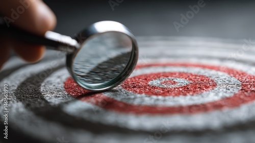 Unlocking business success: hand holding magnifying glass over dartboard with stairs symbolizing growth and ambition