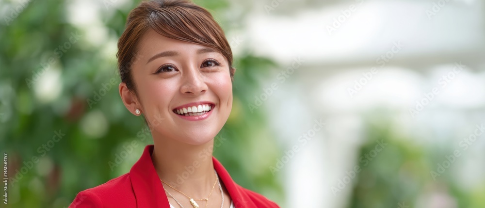 A smiling woman in a red jacket stands in a bright, green environment, exuding positivity and approachability.