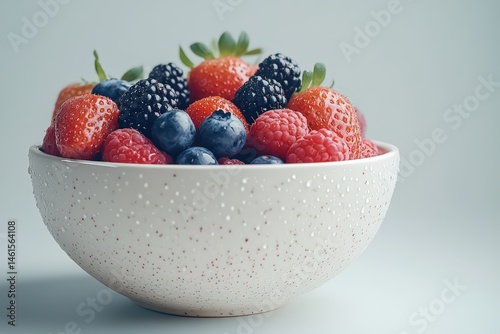  Fresh berries in white bowl with soft lighting, mix of strawberries, blueberries, blackberries, raspberries for healthy treat.