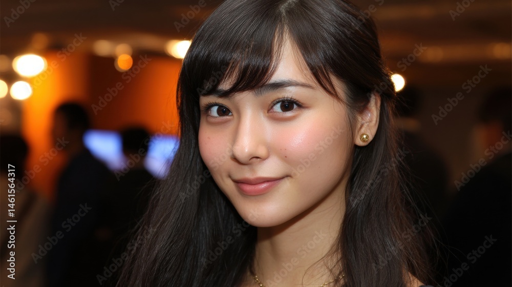 A young woman with long hair smiles softly, surrounded by blurred figures in a warm-toned environment.