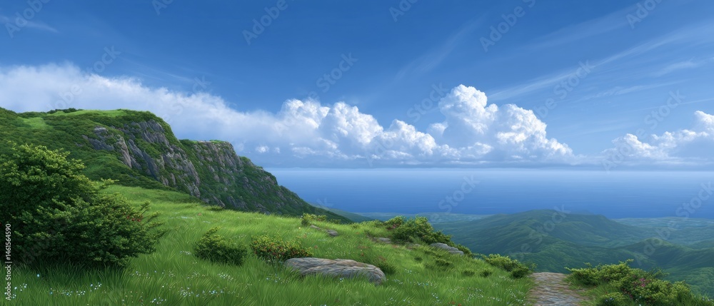A scenic view of rolling hills and cliffs under a bright blue sky with fluffy clouds, overlooking a vast ocean landscape.