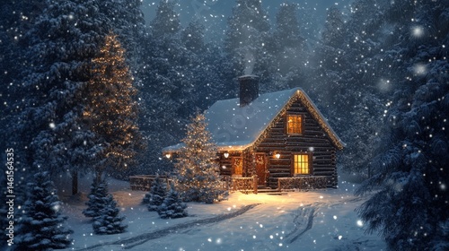 A cozy winter cabin nestled in a snowy forest.