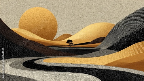 Obraz na płótnie Minimalist abstract line art landscape in black and gold tones with elegant bold line on creme background, luxury aesthetic with clean shapes and refined composition w salonie