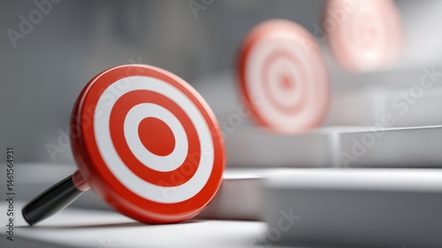Achieve business goals: magnifying glass over dartboard and target, stairs symbolizing the climb to success