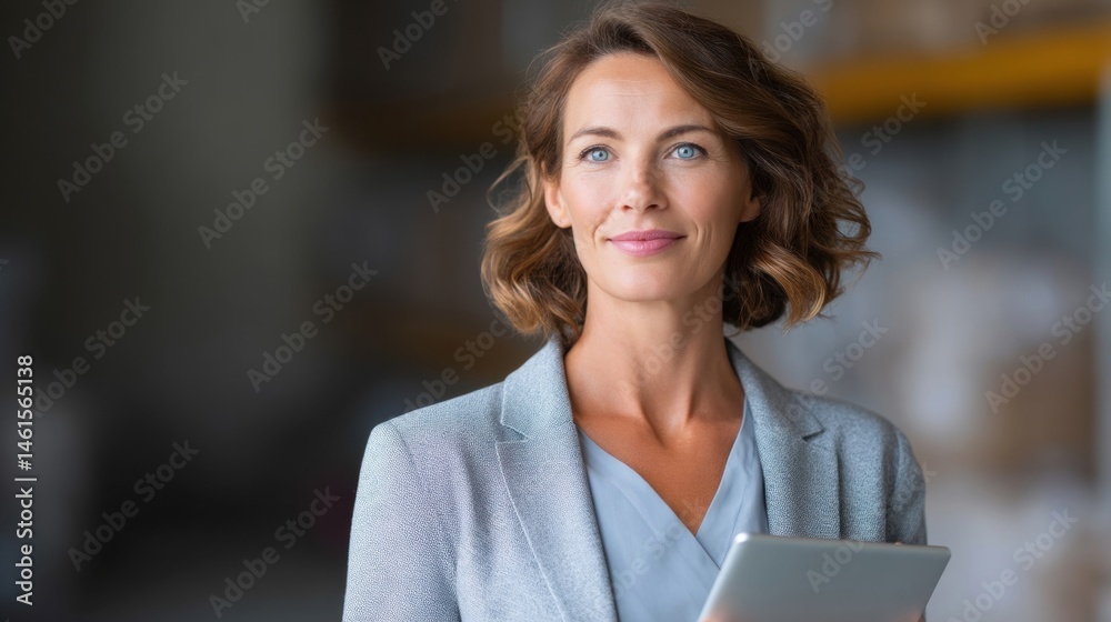 Confident businesswoman holding a tablet, standing in a warehouse environment with a professional demeanor.