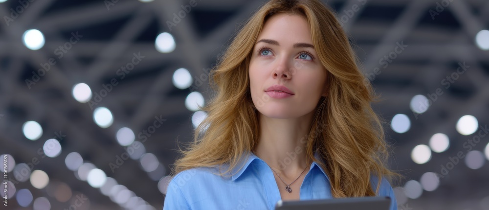 Young woman gazing thoughtfully, illuminated by soft, ambient lights in a modern environment, conveying a sense of contemplation and inspiration.
