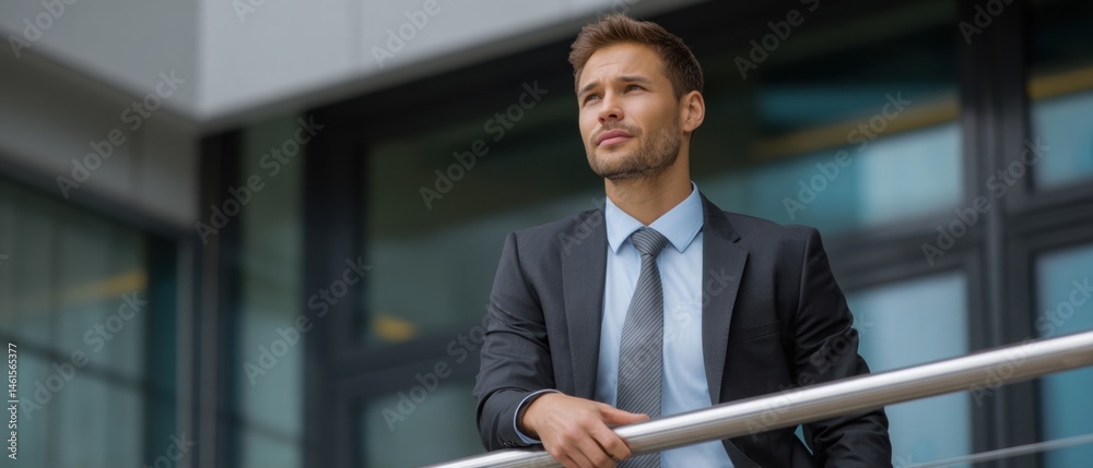 A well-dressed man stands thoughtfully on a balcony, exuding confidence and professionalism in a modern setting.