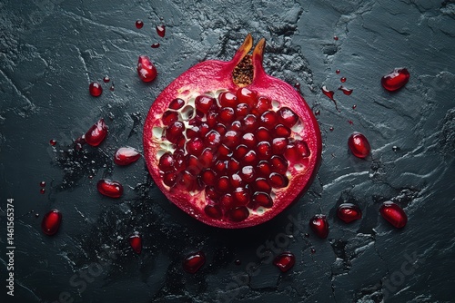  Half pomegranate placed on dark textured surface, glossy red seeds scattered enhance vibrant fruit freshness.
