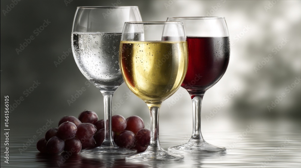 Two elegant transparent glasses side by side on clean surface, one filled with clear water and the other with red wine, minimal still life concept with contrast in content and symbolism
