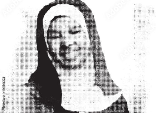 A woman wearing a white head covering smiles gently.