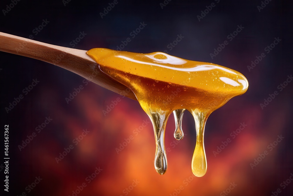 Golden honey drips wooden spoon warm background