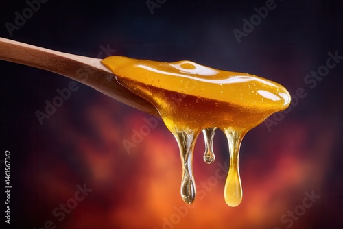 Obraz na płótnie Golden honey drips wooden spoon warm background w salonie