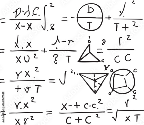A white board displays complex mathematical equations and geometric shapes.
