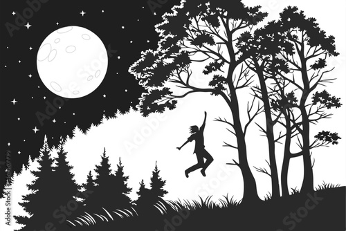 104 Night scene, full moon, starry sky, silhouette of person jumping, forest, trees, black and white illustration, high contrast, ethereal atmosphere, magical realism, whimsical, freedom, joy, nature,