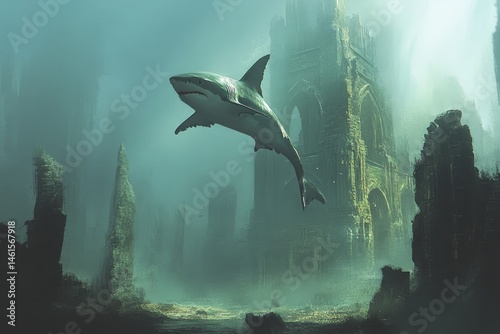 Shark drifting above submerged ruins, mystery and calmness