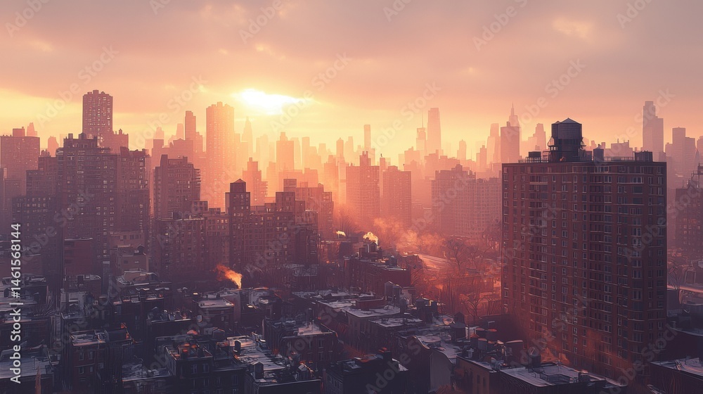 Fototapeta premium A beautiful cityscape view at sunrise displays the urban skyline with buildings enveloped in a warm golden glow and soft hazy atmosphere.
