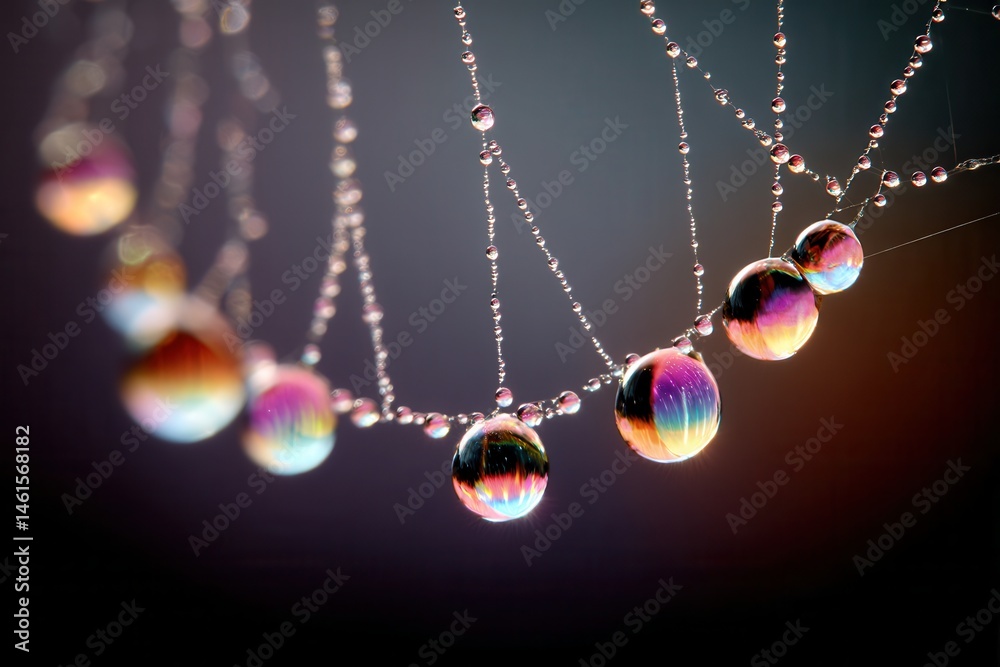Dewdrops on spiderweb reflecting rainbow colors in natural light