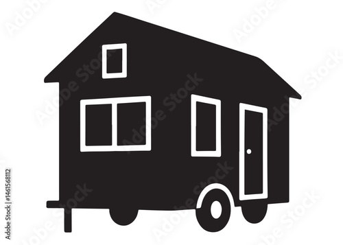Tiny House logo silhouette vector, camping trailer house logo icon silhouette, wheels house silhouette vector design, house on wheels black silhouette isolated on a white background