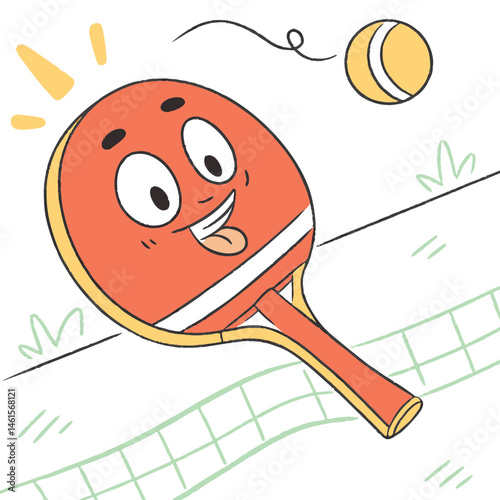 Cartoon ping pong paddle smiling while playing tennis  