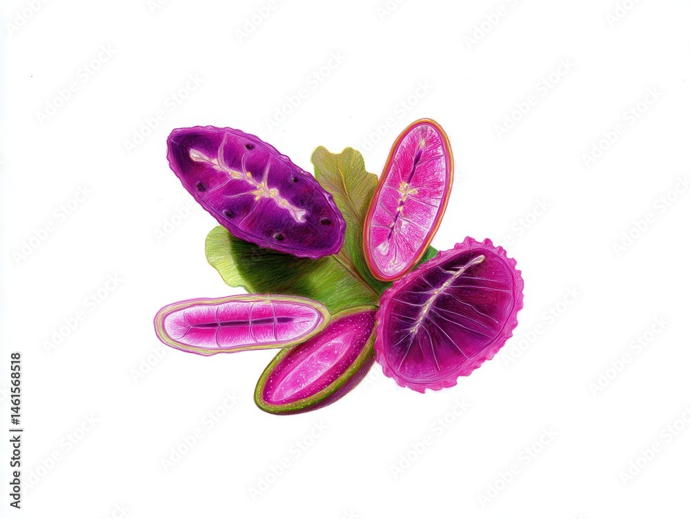 Purple passion fruit slices on white background