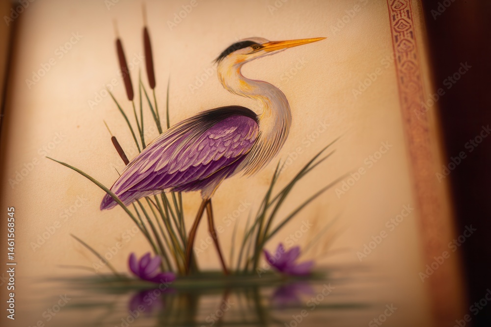 Elegant heron with vibrant plumage in serene wetland painting