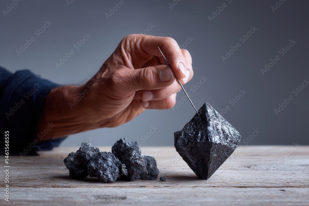 Close-up of person holding magnet pyrite crystal, demonstrating magnetism concept