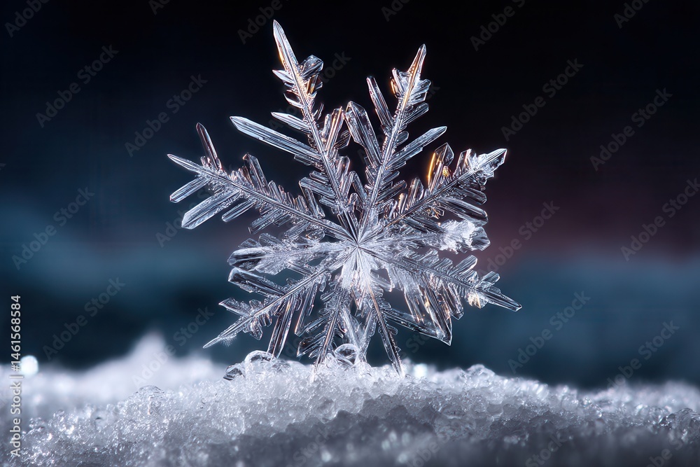 Delicate snowflake sitting on frosty surface capturing winter beauty