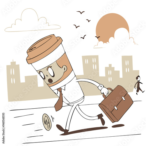 Coffee Cup in a Tie Hustling to Work in a Cityscape  
