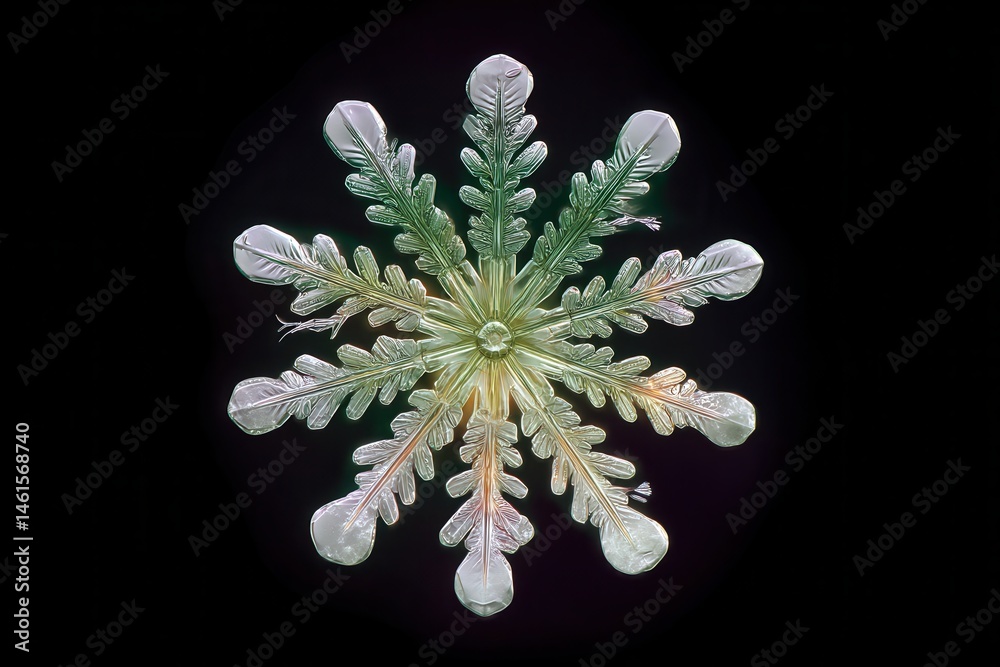Intricate snowflake close-up showcasing natural symmetry