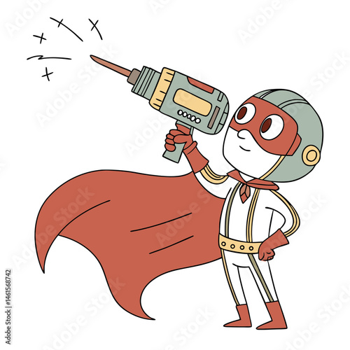 Cartoon superhero with a drill striking a heroic pose  