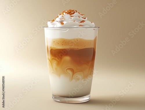 A delicious layered latte macchiato is topped with whipped cream and sprinkled graham cracker crumbs served in a clear glass cup.